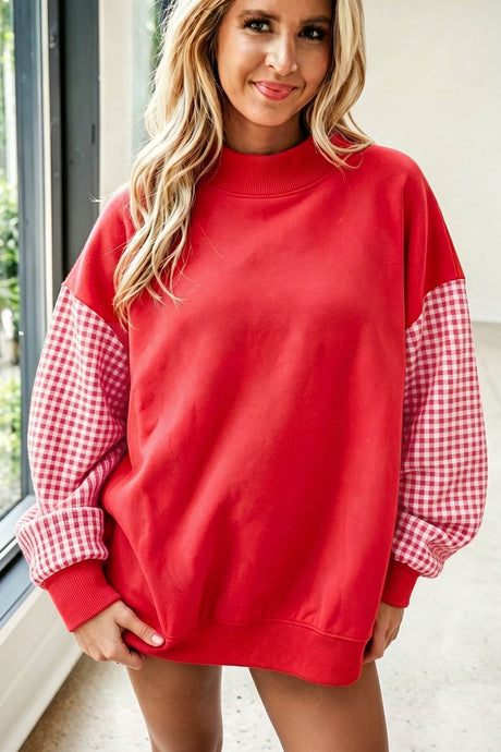 Dirty blue Plaid Sleeve Colorblock Loose Tunic Sweatshirt