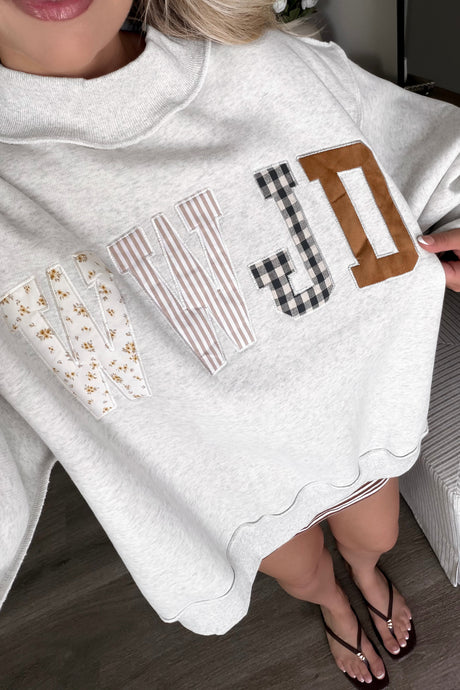 Coffee WWJD Mixed Pattern Embroidered Patch Graphic Mock Neck Sweatshirt