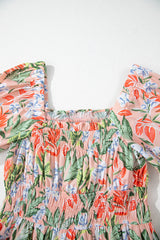 Apricot Pink Floral Smocked Bust Bubble Short Sleeve Maxi Dress