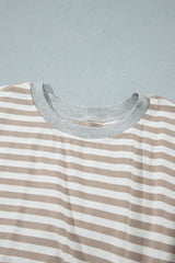Khaki Stripe Striped Colorblock Cuffs Round Neck Long Sleeve Shift Dress