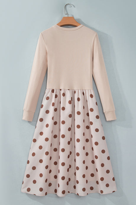 Beige Polka Dot Midi Long Sleeve Dress