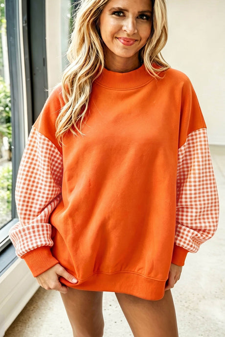 Dirty blue Plaid Sleeve Colorblock Loose Tunic Sweatshirt
