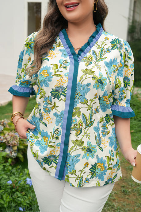 Sky Blue Plus Size Frilled V Neck Short Sleeve Floral Blouse