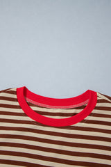 Khaki Stripe Striped Colorblock Cuffs Round Neck Long Sleeve Shift Dress