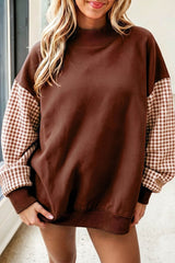 Dirty blue Plaid Sleeve Colorblock Loose Tunic Sweatshirt