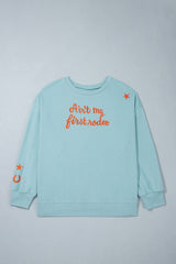 Haze Blue Letter Print Round Neck Loose Fit Long Sleeve Plus Size Sweatshirt