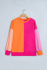 Rose Red Colorblock Gingham Sleeve Crewneck Sweatshirt
