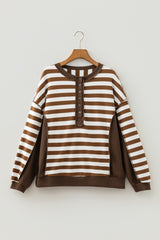 Brown Stripe Exposed Seam Color Block Patchwork Button Placket Sweatshirt