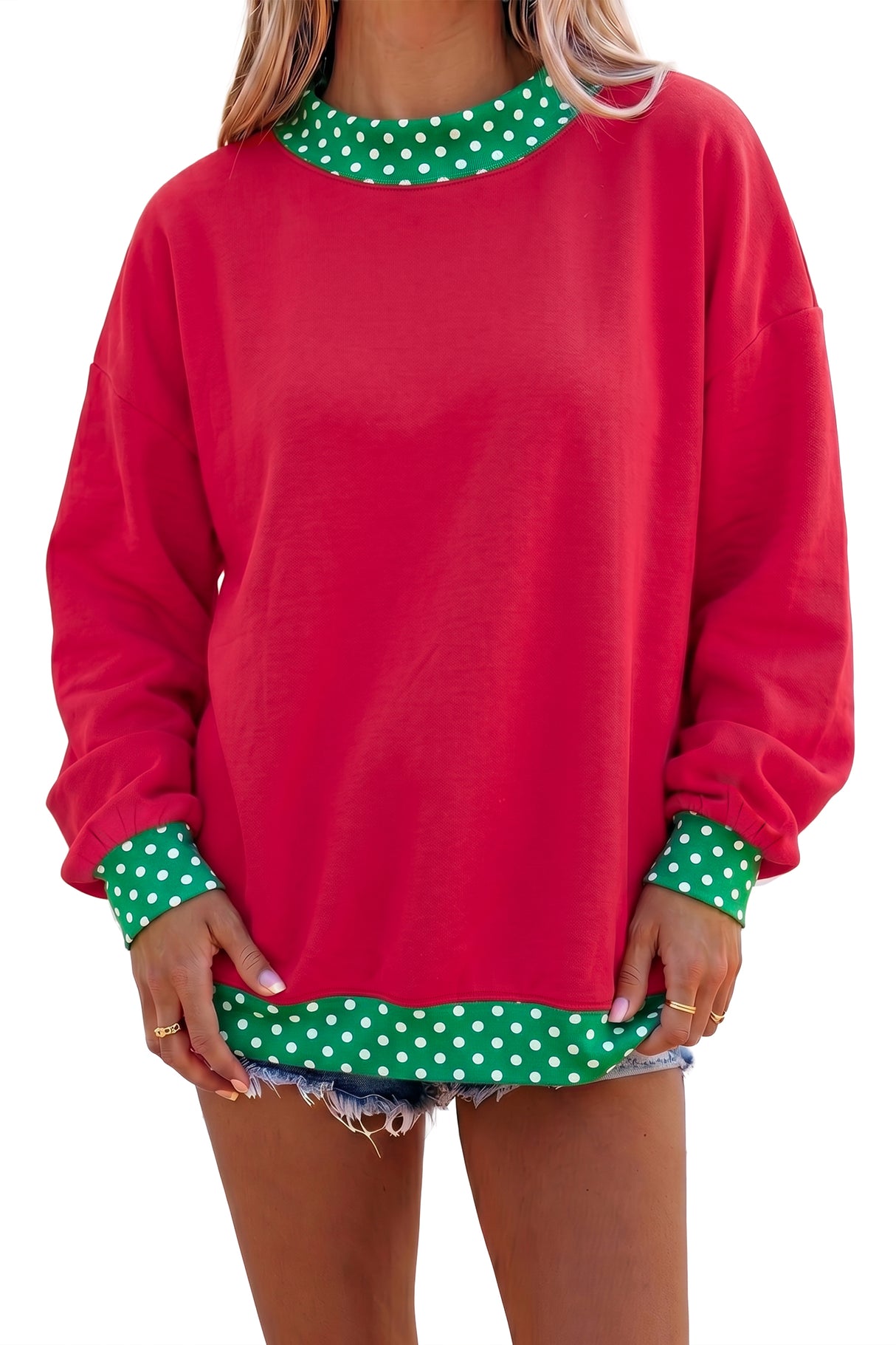 Burgundy Colorblock Polka Dot Contrast Trim Oversized Sweatshirt