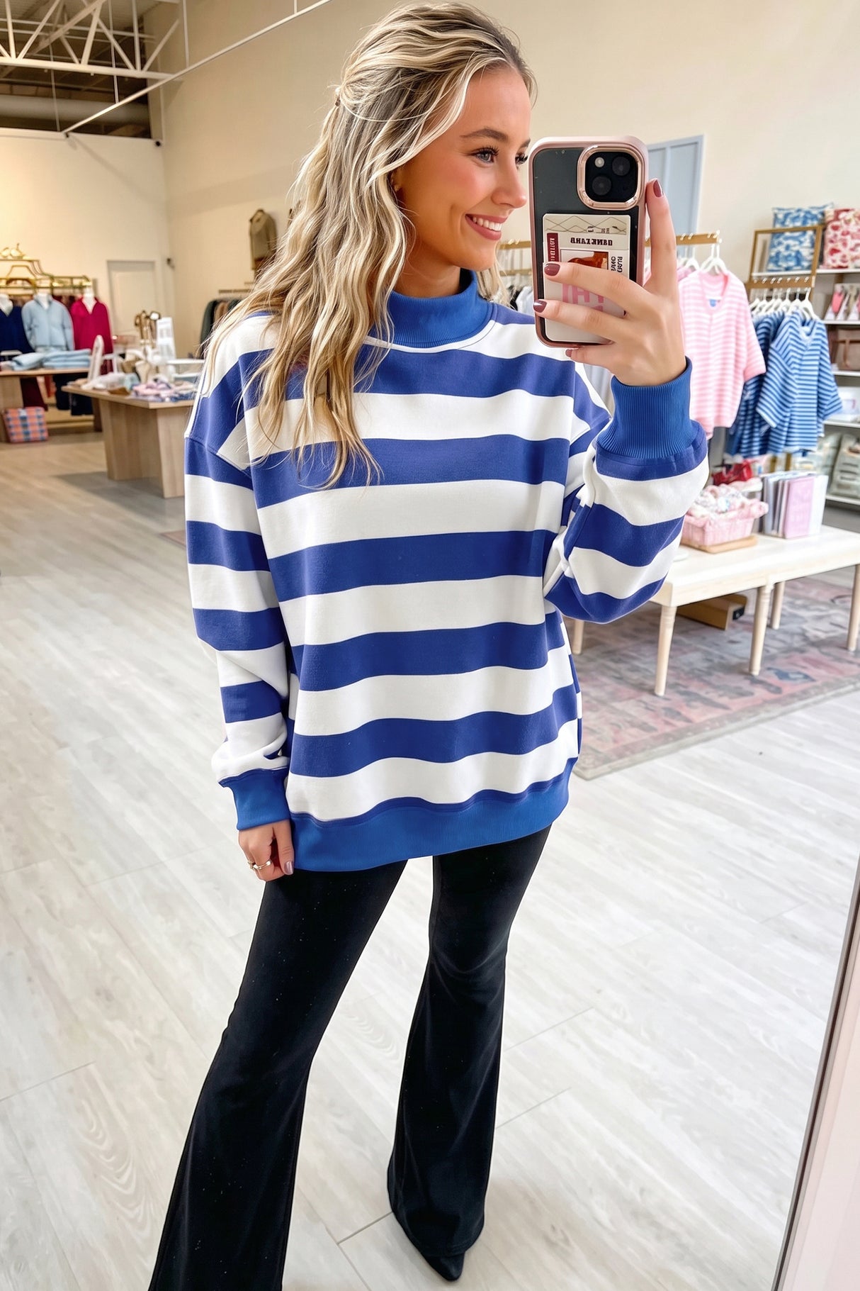 Brown Stripe Colorblock Mock Neck Relaxed Sweatshirt