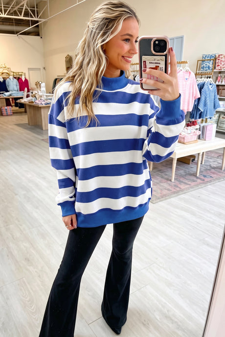 Brown Stripe Colorblock Mock Neck Relaxed Sweatshirt