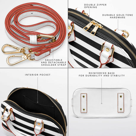 Ross Avenue™ Dome Satchel – Luxury Black & White Striped Handbag | Elegant Mini Designer-Inspired Purse | Sophisticated Top Handle Bag