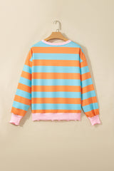 Orange Stripe Ribbed Color Block Trim Round Neck Long Sleeve Shift Top