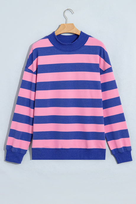 Brown Stripe Colorblock Mock Neck Relaxed Sweatshirt
