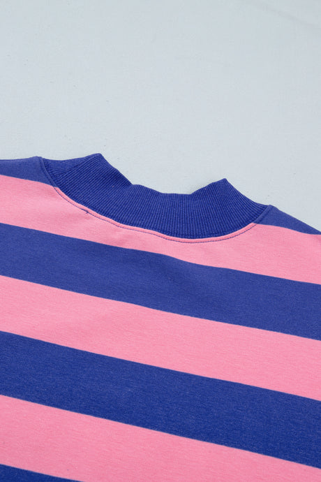Brown Stripe Colorblock Mock Neck Relaxed Sweatshirt