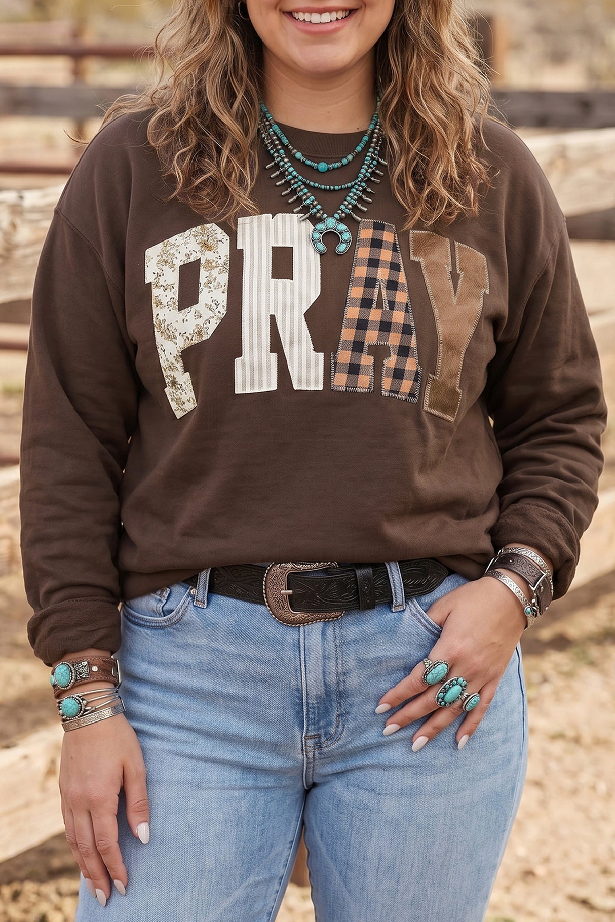 Coffee PRAY Letter Patchwork Round Neck Long Sleeve Plus Size Sweatshirt