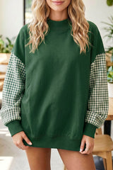 Dirty blue Plaid Sleeve Colorblock Loose Tunic Sweatshirt