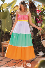 Multicolour Colorblock Self-tie Straps High Waist Flowy Maxi Dress with Pockets