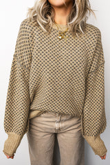 Khaki Geometric Print Drop Shoulder Round Neck Long Sleeve Sweater