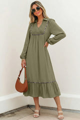 Four Leaf Clover Collared V Neck Smocked Detail Contrast Leopard Trim Bracelet Sleeve Long Dress