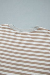 Khaki Stripe Striped Colorblock Cuffs Round Neck Long Sleeve Shift Dress