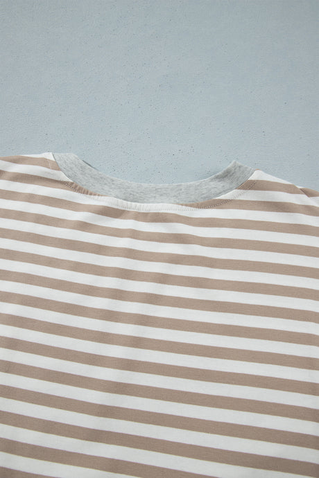 Khaki Stripe Striped Colorblock Cuffs Round Neck Long Sleeve Shift Dress