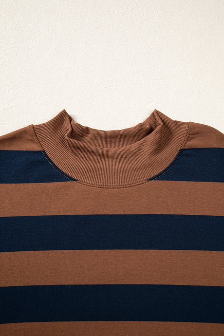 Brown Stripe Colorblock Mock Neck Relaxed Sweatshirt