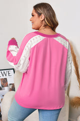 Bonbon Lace Striped Patchwork Long Sleeve Corded V Neck Plus Size Top