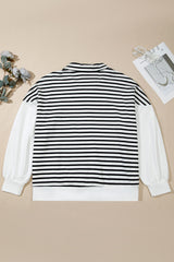 White Stripe Striped Colorblock V Neck Long Sleeve Shift Plus Size Blouse