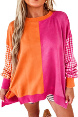 Rose Red Colorblock Gingham Sleeve Crewneck Sweatshirt