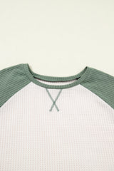 Mist Green Plus Size Waffled Color Block Long Sleeve Top