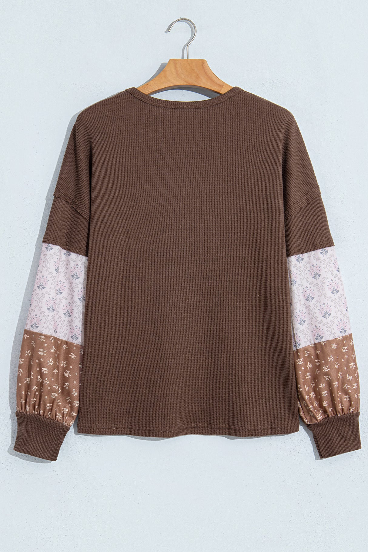 Coffee Floral Print Colorblock Long Sleeve Textured Loose Pullover Tunic Top