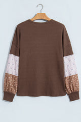 Coffee Floral Print Colorblock Long Sleeve Textured Loose Pullover Tunic Top