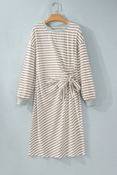 Khaki Stripe Striped Colorblock Cuffs Round Neck Long Sleeve Shift Dress