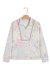 Multicolour Floral Quilted Metal Zipper Collar Long Sleeve Sweatshirt