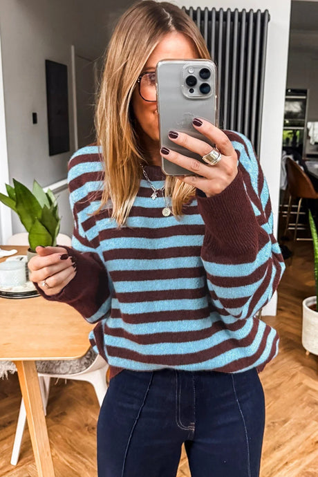 Brown Stripe Color Block Loose Crew Neck Cuffed Sweater