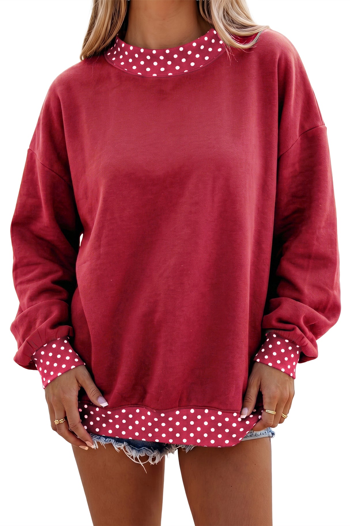 Burgundy Colorblock Polka Dot Contrast Trim Oversized Sweatshirt