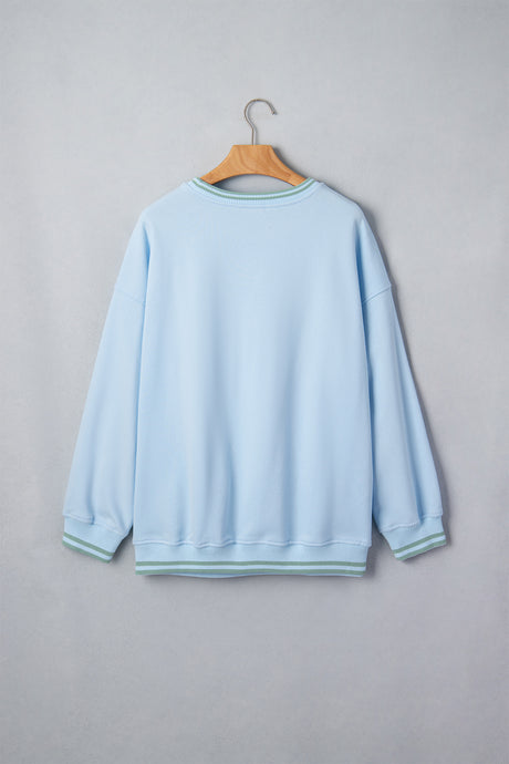 Beau Blue Embroidered Cowboy Letter Print Long Sleeve Round Neck Sweatshirt