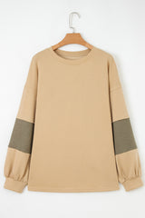 Laurel Green Exposed Seam Contrast Texture Patchwork Plus Size Drop Shoulder Pullover