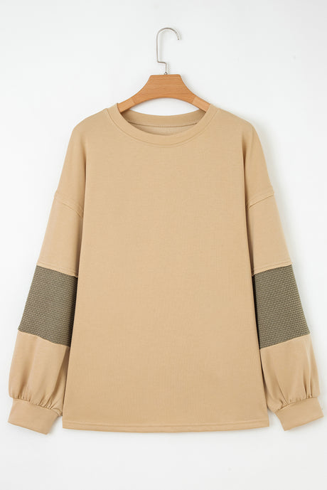 Laurel Green Exposed Seam Contrast Texture Patchwork Plus Size Drop Shoulder Pullover