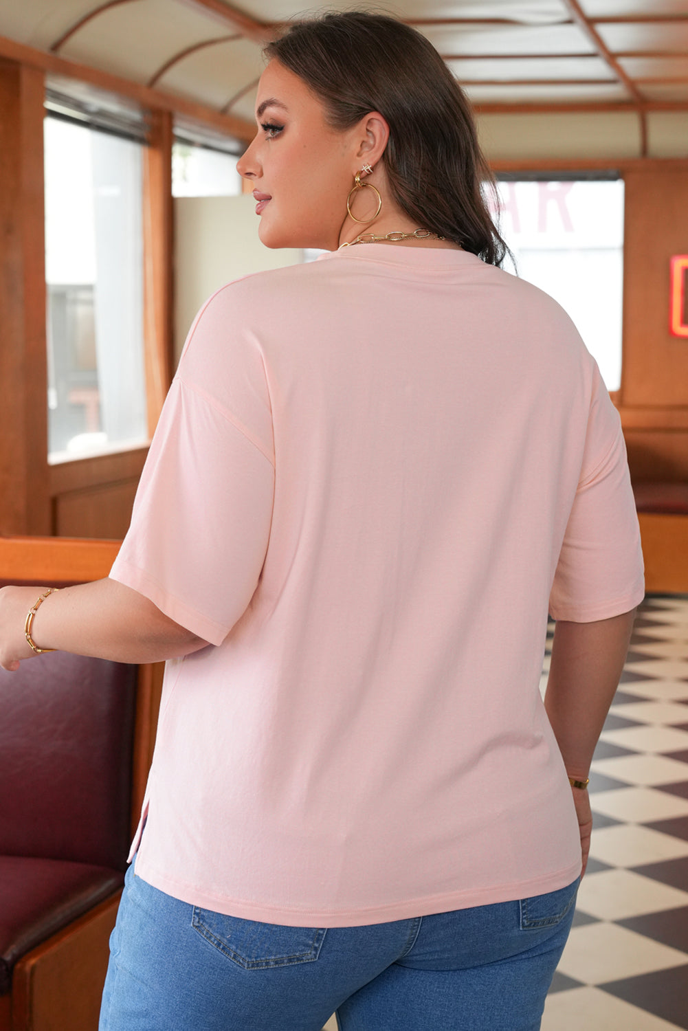 Light Pink Eyelet Lace Star Applique Plus Size T Shirt