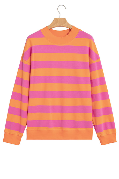 Brown Stripe Colorblock Mock Neck Relaxed Sweatshirt