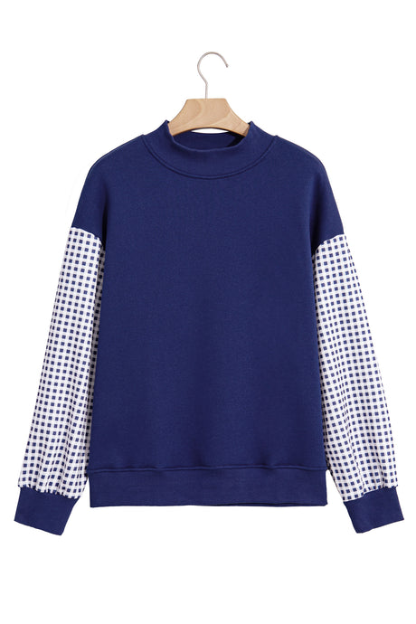 Dirty blue Plaid Sleeve Colorblock Loose Tunic Sweatshirt