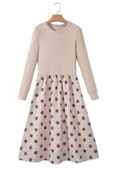 Beige Polka Dot Midi Long Sleeve Dress
