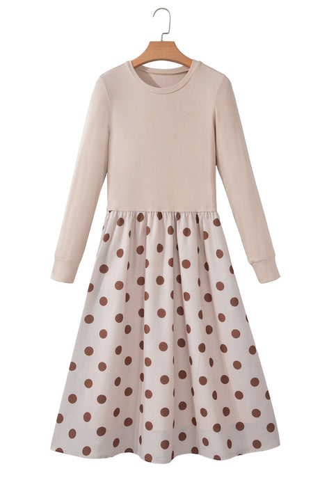 Beige Polka Dot Midi Long Sleeve Dress