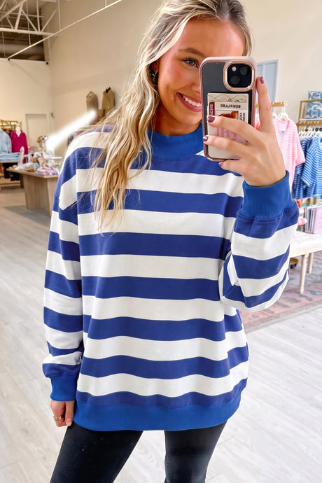 Brown Stripe Colorblock Mock Neck Relaxed Sweatshirt