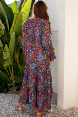 Blue Floral Print Tassel Tie V Neck Long Sleeve Flowy Long Dress