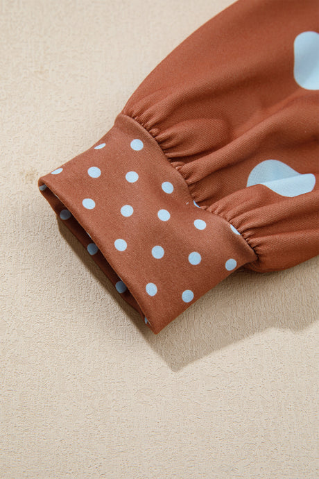 Brown Polka Dot Print Contrast Detail Oversized Tunic Sweatshirt