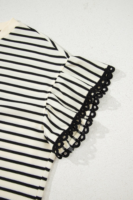 Black Stripe Eyelet Trimmed Ruffled Short Sleeve Plus Size Top