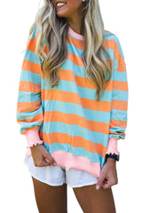 Orange Stripe Ribbed Color Block Trim Round Neck Long Sleeve Shift Top